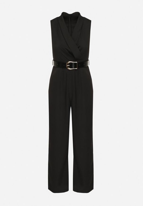 Born2be - Czarny Taliowany Kombinezon Ozdobiony Paskiem z Klamrą Tilferia. Kolor: czarny. Wzór: aplikacja. Styl: elegancki, klasyczny