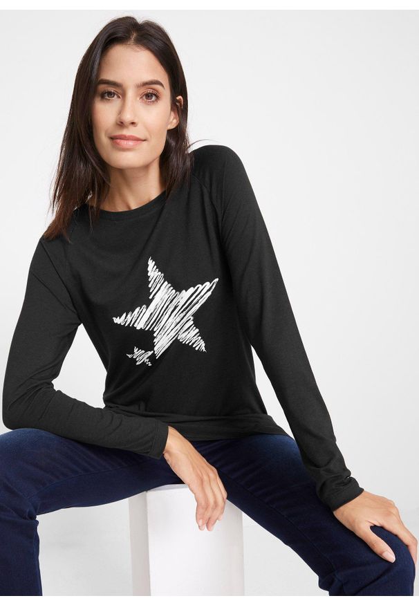 bonprix - Długi shirt, długi rękaw. Kolor: czarny. Długość rękawa: długi rękaw. Długość: długie. Wzór: nadruk