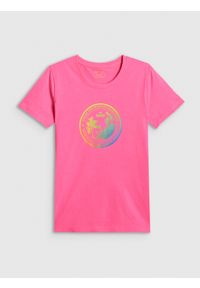 4f - 4F T-shirt regular z nadrukiem damski - różowy M. Okazja: na co dzień. Kolor: różowy. Materiał: dzianina, bawełna, materiał. Wzór: nadruk. Styl: casual, klasyczny, sportowy #1