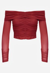 Renee - Bordowa Drapowana Bluzka VICES z Odkrytymi Ramionami i Siateczkowymi Rękawami Atevite. Okazja: na co dzień. Kolor: czerwony. Materiał: jeans. Styl: casual #3