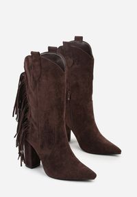 Born2be - Brązowe Botki w Stylu Kowbojek na Obcasie z Frędzlami Reinasea. Okazja: na co dzień. Kolor: brązowy. Materiał: jeans. Obcas: na obcasie. Styl: casual, klasyczny, elegancki. Wysokość obcasa: średni #5