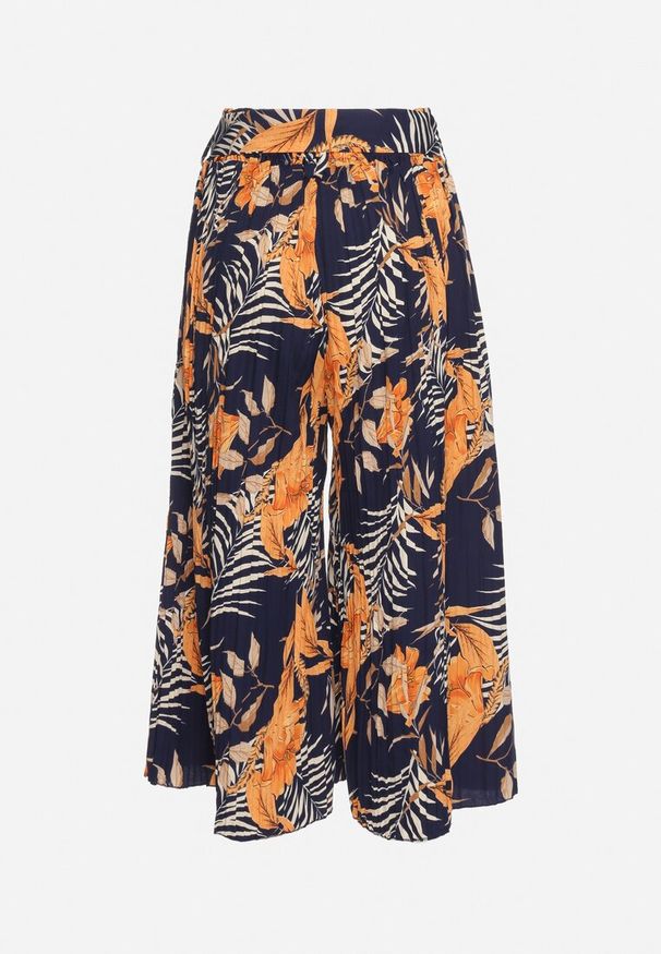 Born2be - Granatowo-Żółte Szerokie Spodnie z Wysokim Stanem z Gumką i Materiałowym Paskiem w Talii Asrefia. Okazja: na co dzień. Stan: podwyższony. Kolor: niebieski. Materiał: materiał. Styl: casual