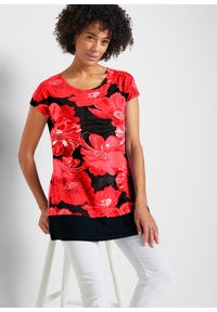 bonprix - Długi shirt z szyfonem. Kolor: czarny. Materiał: szyfon. Długość: długie. Wzór: nadruk. Sezon: lato
