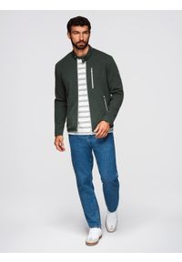 Ombre Clothing - Strukturalna kurtka biker męska ze stójką – ciemnozielona V3 - Rozmiar: L. Okazja: na co dzień. Typ kołnierza: kołnierzyk stójkowy. Kolor: zielony. Materiał: skóra, poliester, dzianina. Styl: casual, elegancki