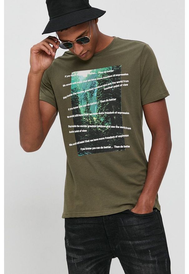 !SOLID - T-shirt bawełniany. Okazja: na co dzień. Kolor: zielony. Materiał: bawełna. Wzór: nadruk. Styl: casual