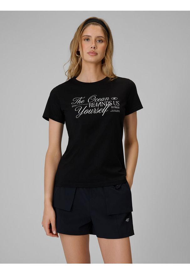 4f - 4F T-shirt regular z nadrukiem damski - czarny XL. Okazja: na co dzień, na spacer, do pracy. Kolor: czarny. Materiał: materiał, bawełna. Wzór: nadruk. Styl: casual