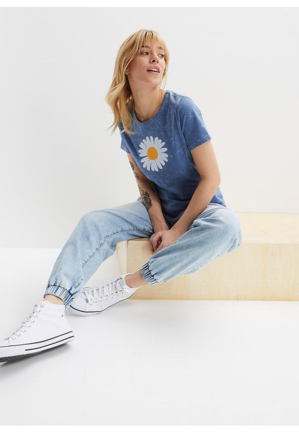 bonprix - T-shirt z czystej bawełny organicznej. Kolor: niebieski. Materiał: bawełna. Wzór: nadruk