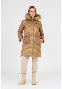 Blauer USA - BLAUER Brązowa damska puchowa kurtka Gwendolyn z kapturem, Rozmiar XS. Typ kołnierza: kaptur. Kolor: brązowy. Materiał: puch