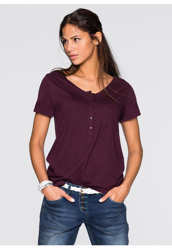 bonprix - T-shirt z plisą guzikową. Typ kołnierza: dekolt w serek. Kolor: czerwony