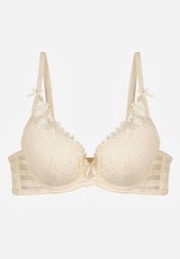 Born2be - Jasnobeżowy Koronkowy Biustonosz z Ozdobnymi Kokardkami na Ramiączkach Aeleolopei. Kolor: beżowy. Materiał: koronka. Wzór: koronka, aplikacja #5