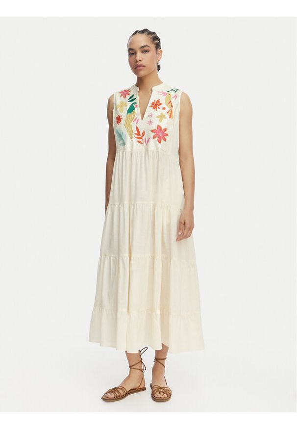 LOLA CASADEMUNT Sukienka letnia LS2616006 Kremowy Relaxed Fit. Kolor: kremowy. Materiał: bawełna. Sezon: lato
