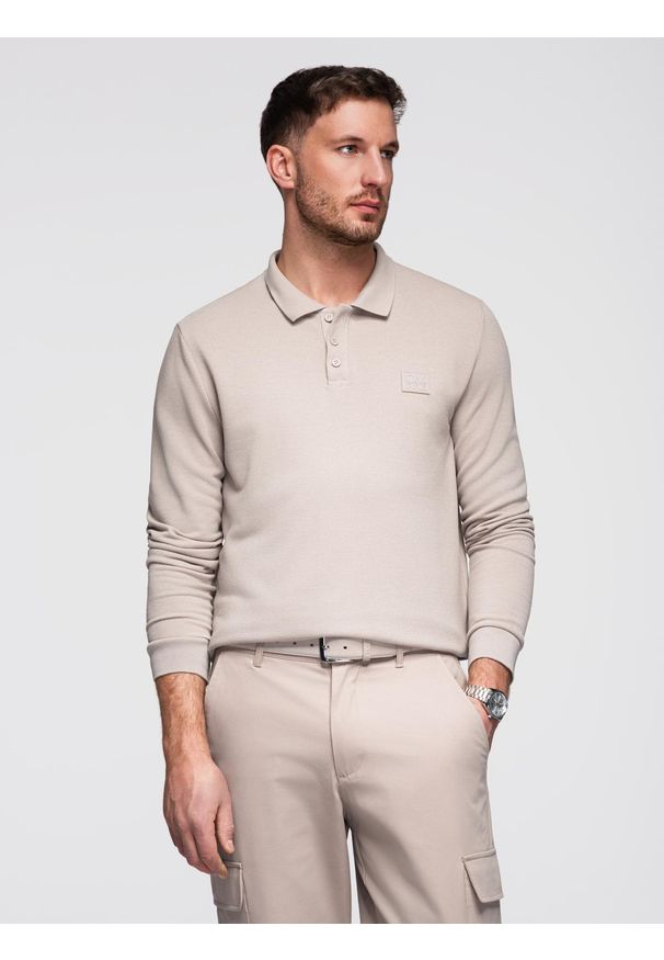 Ombre Clothing - Strukturalny longsleeve polo męski z naszywką – popielaty V3 - Rozmiar: L. Okazja: na co dzień. Typ kołnierza: polo. Kolor: szary. Materiał: dzianina, włókno, materiał, poliester, bawełna, wiskoza. Długość rękawa: długi rękaw. Wzór: aplikacja. Styl: casual, elegancki, sportowy