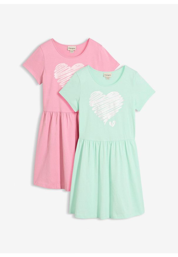 bonprix - Sukienka z dżerseju z czystej bawełny organicznej (2 szt.). Kolor: zielony. Materiał: jersey, bawełna. Długość rękawa: krótki rękaw. Wzór: nadruk. Typ sukienki: rozkloszowane