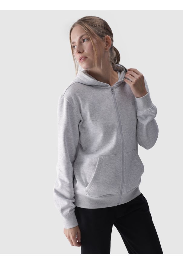 4f - 4F Bluza dresowa rozpinana z kapturem damska - szara XS. Okazja: na co dzień. Typ kołnierza: kaptur. Kolor: szary. Materiał: dresówka. Wzór: gładki, ze splotem. Styl: sportowy, casual