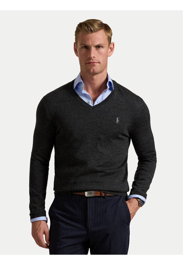 Polo Ralph Lauren Sweter 710946142003 Szary Slim Fit. Typ kołnierza: polo. Kolor: szary. Materiał: wełna