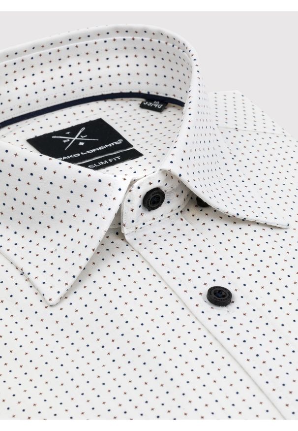 Pako Lorente - PAKO LORENTE – Biała koszula w granatowo-beżowy mikrowzór. Kolor: beżowy, biały, niebieski, wielokolorowy. Materiał: bawełna, elastan