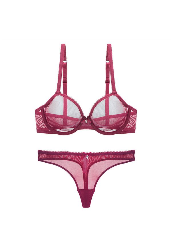 Intica - Komplet bielizny transparentnej z kokardą na romantyczny wieczór Kadriye. Kolor: czerwony. Materiał: materiał. Wzór: aplikacja