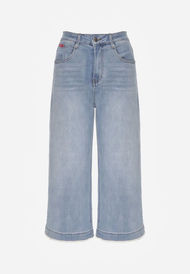 Renee - Niebieskie Szerokie Jeansy Culottes z Bawełną High Waist Ozdobione Perełkami Hesaris. Okazja: na co dzień. Stan: podwyższony. Kolor: niebieski. Wzór: aplikacja. Styl: casual