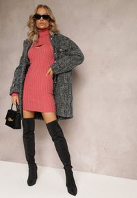 Renee - Różowy 2-częściowy Komplet Dzianinowy Sukienka i Sweter Crop Top Rewerta. Kolor: różowy. Materiał: dzianina