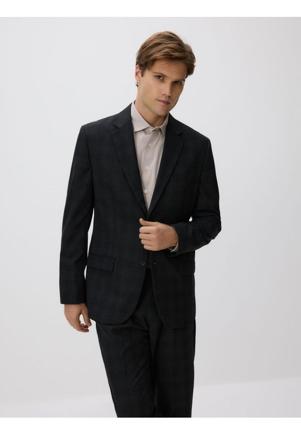 Reserved - Marynarka slim fit w kratę - czarny. Kolor: czarny. Materiał: wiskoza, tkanina