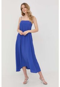 Liviana Conti sukienka z domieszką jedwabiu midi. Typ kołnierza: dekolt w karo. Kolor: niebieski. Materiał: jedwab. Długość rękawa: na ramiączkach. Typ sukienki: rozkloszowane. Długość: midi #7