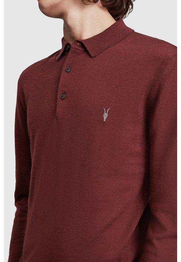 AllSaints Sweter wełniany męski kolor bordowy. Okazja: na co dzień. Kolor: czerwony. Materiał: wełna. Długość rękawa: długi rękaw. Długość: krótkie. Styl: casual