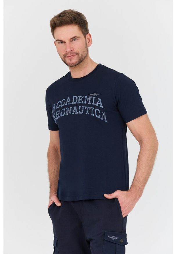 Aeronautica Militare - AERONAUTICA MILITARE Granatowy bawełniany męski t-shirt M.C., Rozmiar S. Kolor: niebieski. Materiał: bawełna