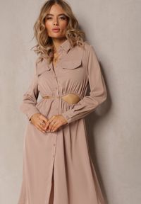 Renee - Beżowa Sukienka Koszulowa Pumpa. Kolor: beżowy. Materiał: materiał. Długość rękawa: długi rękaw. Wzór: gładki, jednolity. Typ sukienki: koszulowe #3