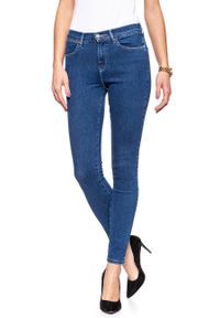 Wrangler - WRANGLER HIGH RISE SKINNY BLUE NOISE W27HFS047. Stan: podwyższony. Wzór: jednolity, aplikacja #10