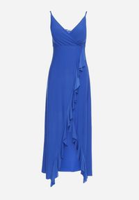 Born2be - Granatowa Koktajlowa Sukienka z Kopertowym Dekoltem na Ramiączkach z Ozdobną Falbanką Nestasi. Okazja: na co dzień. Kolor: niebieski. Długość rękawa: na ramiączkach. Typ sukienki: kopertowe. Styl: wizytowy #7