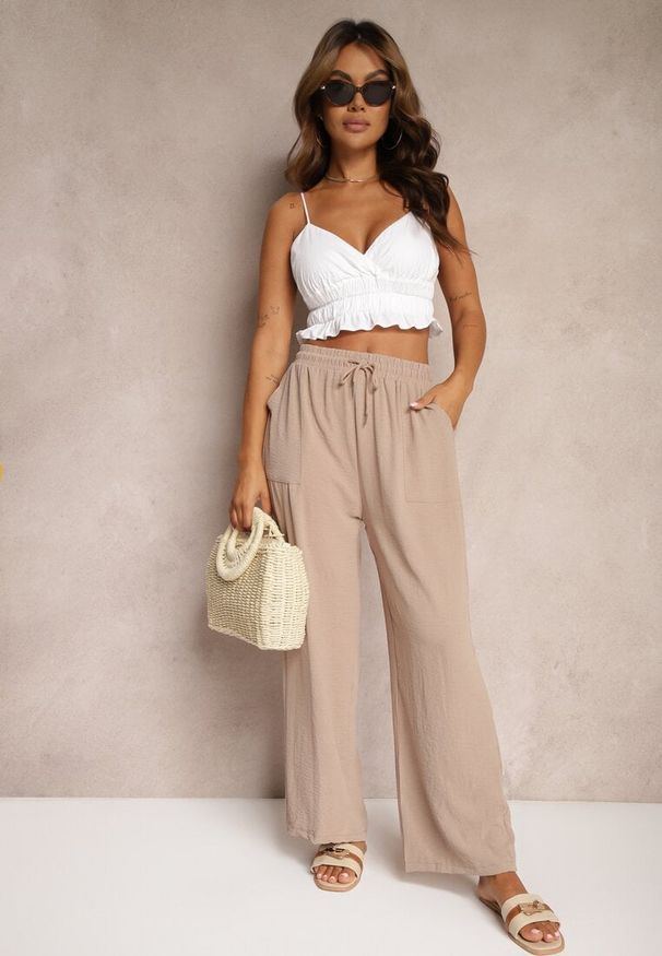 Renee - Ciemnobeżowe Spodnie High Waist ze Sznurkiem w Talii i Prostą Nogawką Raveann. Okazja: na co dzień. Stan: podwyższony. Kolor: beżowy. Styl: casual