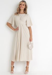 Born2be - Beżowa Sukienka Maxi z Ozdobnym Wiązaniem i Gumką w Talii Myrcella. Kolor: beżowy. Długość: maxi #2