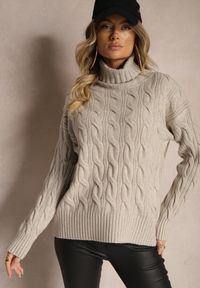 Renee - Szary Golf z Imitacją Splotu ze Ściągaczami Giovarella. Okazja: na spotkanie biznesowe. Typ kołnierza: golf. Kolor: szary. Materiał: jeans. Długość rękawa: długi rękaw. Długość: długie. Wzór: ze splotem. Styl: biznesowy, elegancki