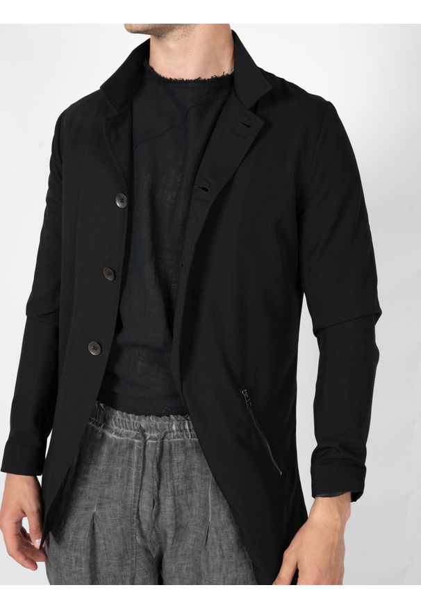 La Haine Inside Us Marynarka "Asymmetric" | 3R LM122 | Mężczyzna | Czarny. Okazja: na co dzień. Typ kołnierza: kołnierzyk stójkowy. Kolor: czarny. Materiał: poliester, wiskoza, elastan. Długość: długie. Styl: klasyczny, casual, elegancki