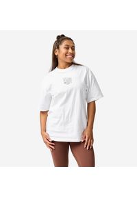 DOMYOS - Koszulka fitness damska Domyos oversize. Kolor: biały. Materiał: tkanina, elastan, materiał, prążkowany, bawełna. Sport: fitness #1