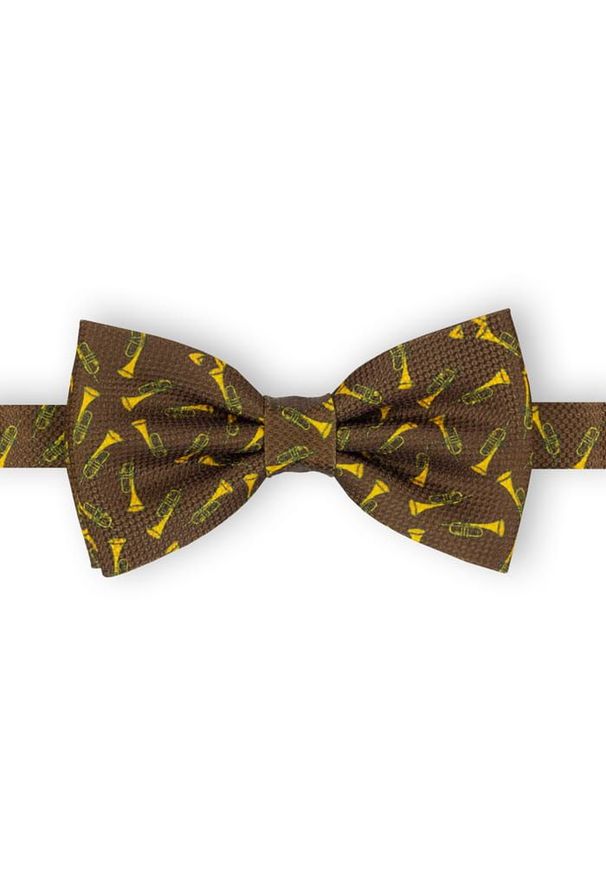 Mucha Męska, Brązowa w Złote Trąbki, Bez Poszetki -EM Men's Accessories. Kolor: żółty, wielokolorowy, brązowy, beżowy, złoty. Styl: sportowy, elegancki