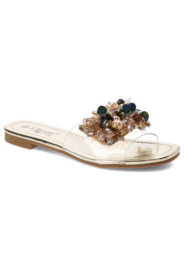 Złote Klapki S.Barski Eleganckie Płaskie Buty. Kolor: złoty. Styl: elegancki