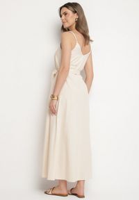 Born2be - Beżowa Sukienka z Wiskozą i Bawełną Ozdobiona Paskiem Saviliae. Kolor: beżowy. Materiał: bawełna, wiskoza. Długość rękawa: na ramiączkach. Wzór: aplikacja. Styl: elegancki #7