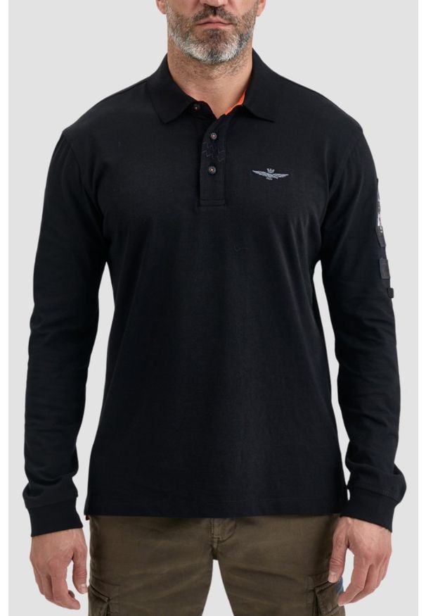 Aeronautica Militare - AERONAUTICA MILITARE Czarny longsleeve polo męski Eurofighter Typhoon, Rozmiar 3XL. Typ kołnierza: polo. Kolor: czarny. Materiał: bawełna. Długość rękawa: długi rękaw