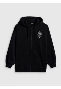 4f - 4F Bluza dresowa loose z kapturem damska - czarna L. Okazja: na co dzień. Typ kołnierza: kaptur. Kolor: czarny. Materiał: dresówka. Styl: casual #1