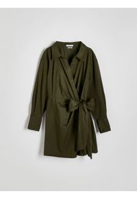 Reserved - Sukienka mini z wiązaniem - ciemnozielony. Kolor: zielony. Materiał: tkanina, bawełna. Typ sukienki: kopertowe. Długość: mini #1