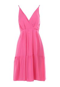 Born2be - Różowa Sukienka z Wiskozy Aikena. Kolor: różowy. Materiał: wiskoza. Długość rękawa: na ramiączkach. Typ sukienki: kopertowe. Długość: mini #4