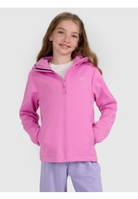 4f - 4F Kurtka softshell wiatroodporna membrana 5000 dziewczęca - różowa 164 (13-14 lat). Okazja: na co dzień. Typ kołnierza: kaptur. Kolor: różowy. Materiał: softshell. Sezon: lato. Styl: casual, klasyczny #1