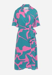 Born2be - Niebiesko-Różowa Kopertowa Sukienka z Wiązaniem w Pasie Raviara. Okazja: na co dzień, na spotkanie biznesowe. Kolor: niebieski. Długość rękawa: krótki rękaw. Typ sukienki: kopertowe. Styl: biznesowy, casual, elegancki #3