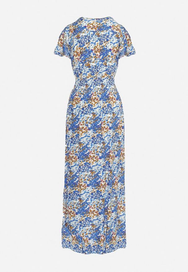 Born2be - Niebieska Sukienka Maxi z Wiskozy z Gumką w Pasie Ozdobiona Wzorem Nieregularne Kropki Jewellis. Kolor: niebieski. Materiał: wiskoza. Wzór: aplikacja, kropki. Typ sukienki: kopertowe. Długość: maxi