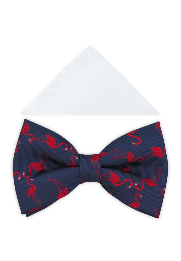 Modini - Granatowa mucha w czerwone flamingi A410. Kolor: wielokolorowy, czerwony, niebieski. Materiał: bawełna, poliester, tkanina. Styl: elegancki