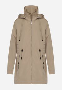 Born2be - Ciemnobeżowa Kurtka Parka ze Sznurkiem w Talii i Kapturem Teridi. Okazja: na co dzień, na spacer. Kolor: beżowy. Materiał: jeans. Długość rękawa: długi rękaw. Długość: długie. Styl: casual #9