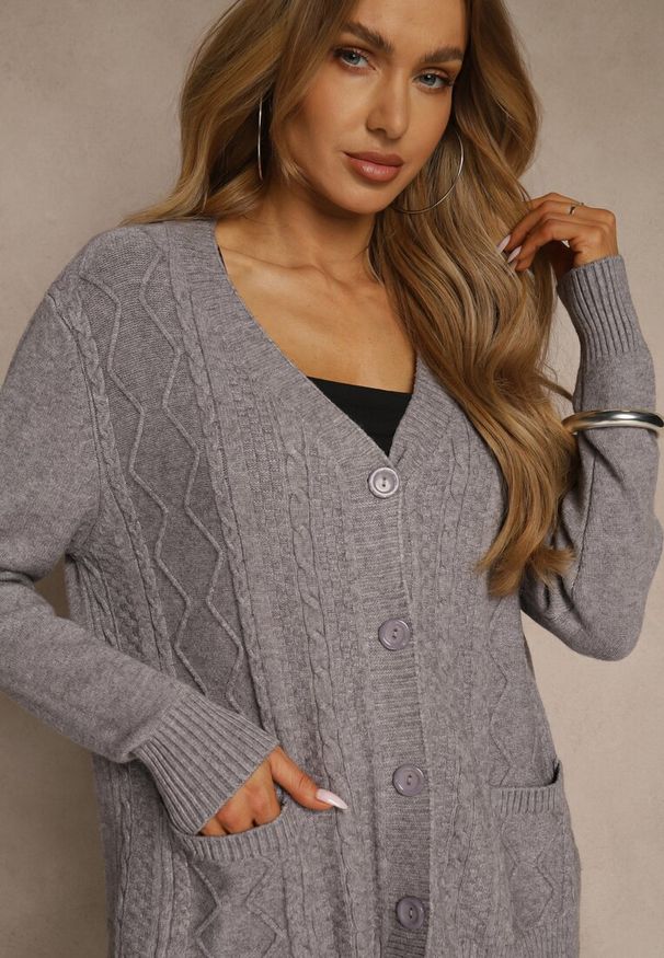 Renee - Szary Kardigan z Bawełną i Tłoczonym Wzorem Reisina. Okazja: na co dzień. Kolor: szary. Materiał: bawełna. Styl: elegancki, casual