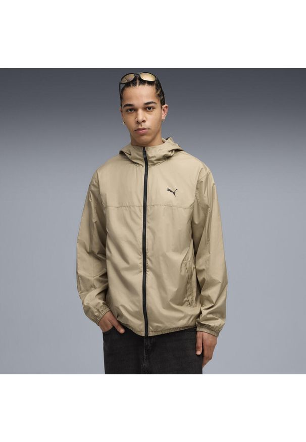 Puma - Męska Wiatrówka o standardowym kroju Essentials PUMA Ice Coffee Beige. Kolor: beżowy. Materiał: guma. Wzór: nadruk. Sport: bieganie