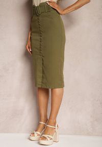 Renee - Zielona Jeansowa Spódnica Ołówkowa Midi z Guzikami i Rozcięciem Jackiesa. Kolor: zielony. Materiał: jeans